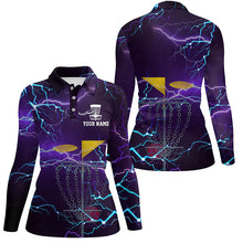 Load image into Gallery viewer, Womens disc golf polo shirt custom purple lightning disc golf basket disco golf outfit for women NQS6064