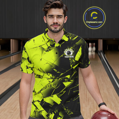 Custom Broken Glass Black and Green Neon Bowling Shirts For Men, Bowling Team League Jerseys NQS11174
