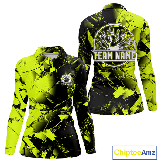 Custom Broken Glass Black and Green Neon Bowling Shirts For Women, Bowling Team League Jerseys NQS11174