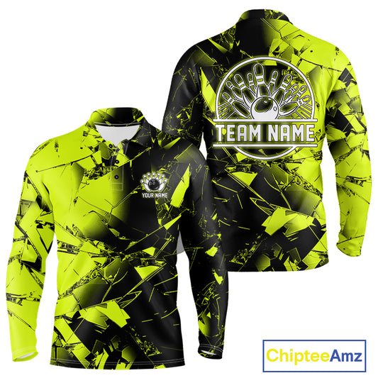 Custom Broken Glass Black and Green Neon Bowling Shirts For Men, Bowling Team League Jerseys NQS11174