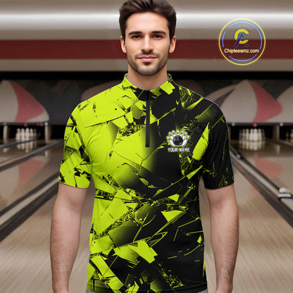Custom Broken Glass Black and Green Neon Bowling Shirts For Men, Bowling Team League Jerseys NQS11174