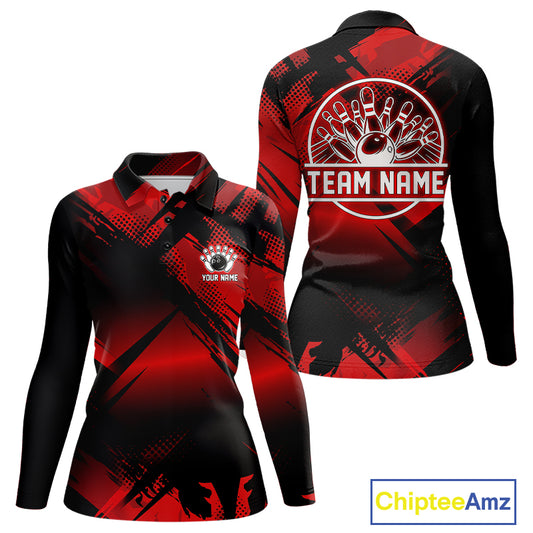 Black and Red Camo Bowling Polo, 1/4 zip Shirts For Women Custom Bowling Team League Jerseys NQS11175
