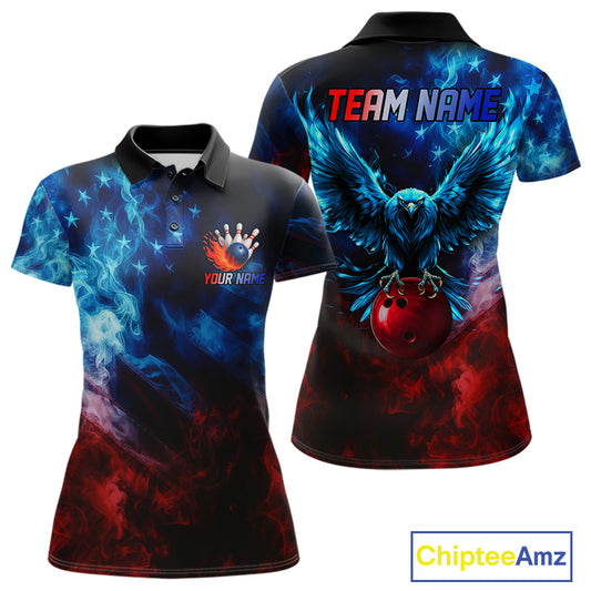 Smoke American Flag Eagle Bowling Shirts For Women Custom patriotic Bowling Team Polo, 1/4 zip Jersey NQS11179