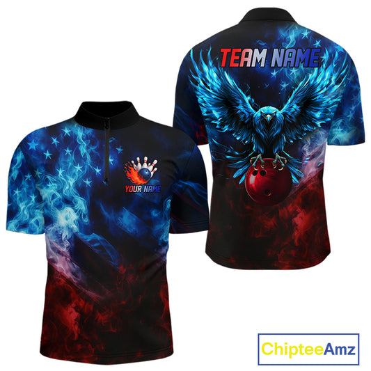 Smoke American Flag Eagle Bowling Shirts For Men Custom patriotic Bowling Team Polo, 1/4 zip Jerseys NQS11179