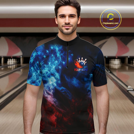 Smoke American Flag Eagle Bowling Shirts For Men Custom patriotic Bowling Team Polo, 1/4 zip Jerseys NQS11179