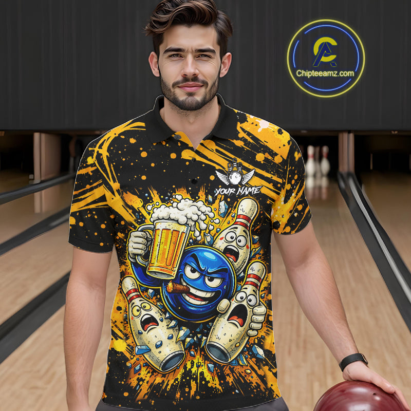 Black and Yellow Funny Bowling and Beer Custom Bowling Shirts For Men, Bowling Team League jerseys NQS11587
