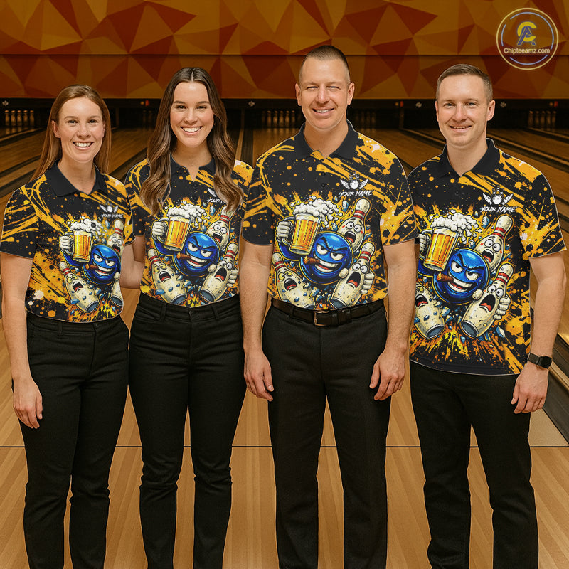 Black and Yellow Funny Bowling and Beer Custom Bowling Shirts For Men, Bowling Team League jerseys NQS11587