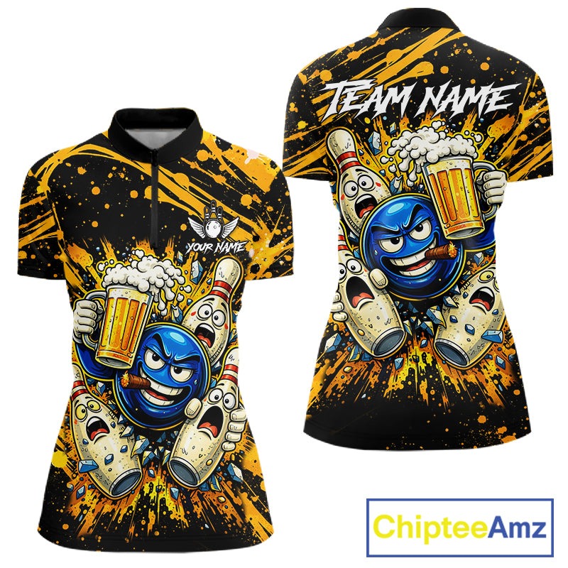 Black and Yellow Funny Bowling and Beer Custom Bowling Shirts For Women, Bowling Team League jerseys NQS11587