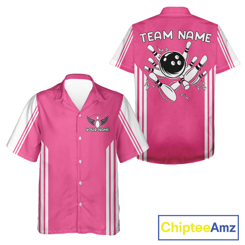 Custom Retro Pink Bowling Button-up Shirts, Team Bowling Hawaiian League jerseys NQS11589