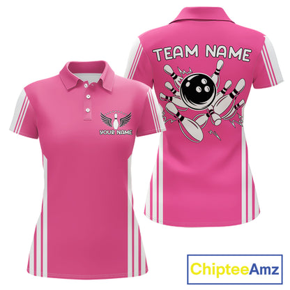 Custom Retro Pink Bowling Polo Shirts, Bowling 1/4 zip jersey For Women, Team Bowling League jerseys NQS11589