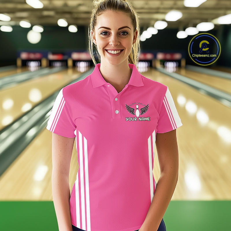 Custom Retro Pink Bowling Polo Shirts, Bowling 1/4 zip jersey For Women, Team Bowling League jerseys NQS11589