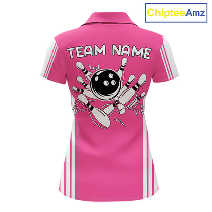 Custom Retro Pink Bowling Polo Shirts, Bowling 1/4 zip jersey For Women, Team Bowling League jerseys NQS11589
