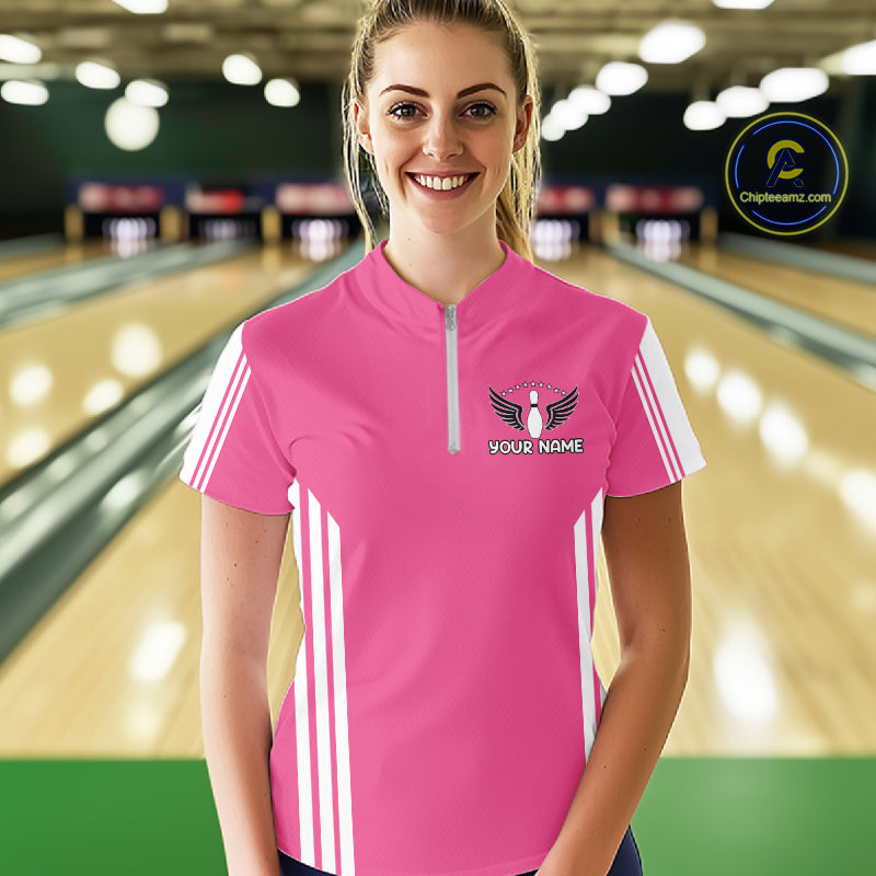 Custom Retro Pink Bowling Polo Shirts, Bowling 1/4 zip jersey For Women, Team Bowling League jerseys NQS11589