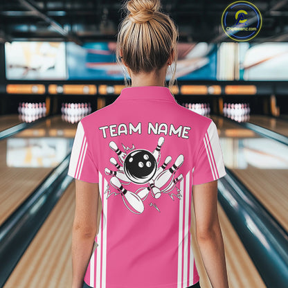Custom Retro Pink Bowling Polo Shirts, Bowling 1/4 zip jersey For Women, Team Bowling League jerseys NQS11589