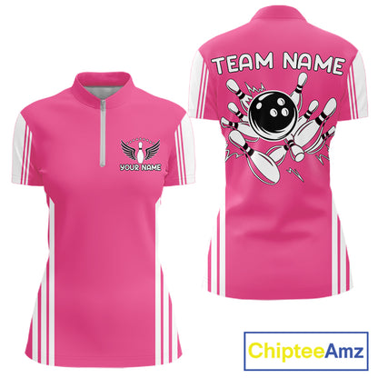 Custom Retro Pink Bowling Polo Shirts, Bowling 1/4 zip jersey For Women, Team Bowling League jerseys NQS11589