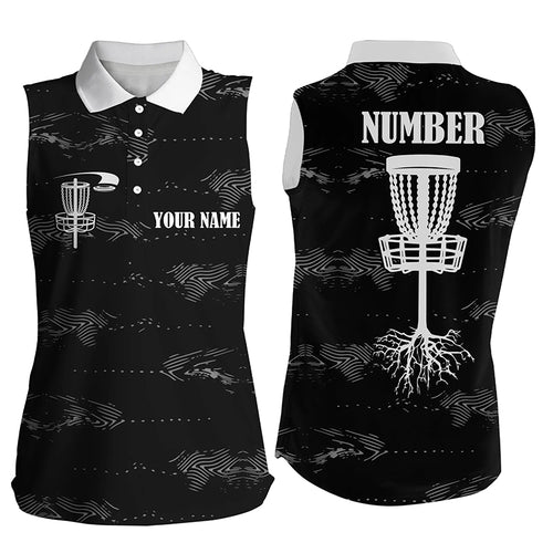 Black and white Women sleeveless disc golf polo shirt custom disc golf basket, personalized golf gifts NQS5856
