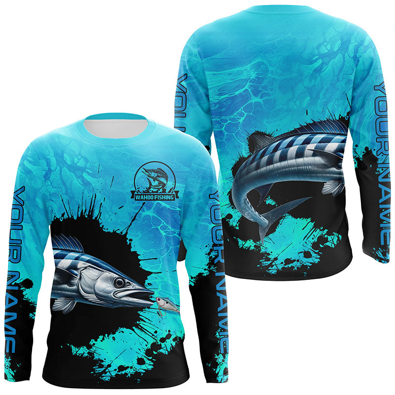 Personalized Wahoo fishing Performance long sleeve Fishing Shirt, Wahoo fishing jerseys | Blue NQS6976