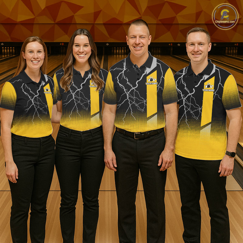 Personalized black & yellow bowling shirt for women lightning thunder custom bowling gifts for ladies NQS11377