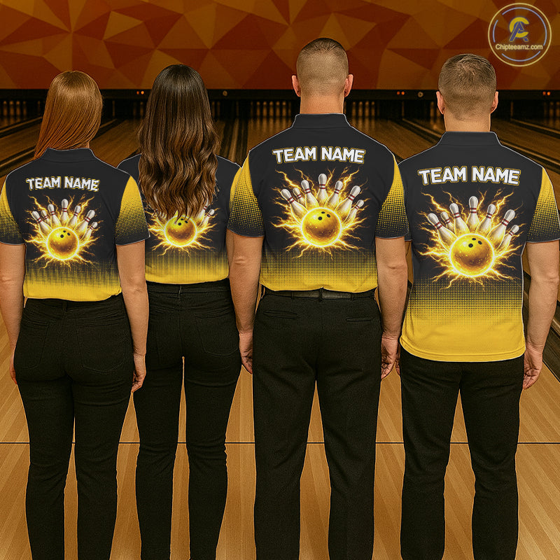Personalized black & yellow bowling shirt for women lightning thunder custom bowling gifts for ladies NQS11377