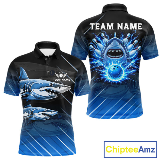 Black and blue shark bowling shirt for men custom lightning thunder bowling polo, quarter zip shirts NQS11378