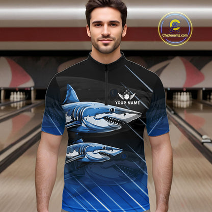 Black and blue shark bowling shirt for men custom lightning thunder bowling polo, quarter zip shirts NQS11378