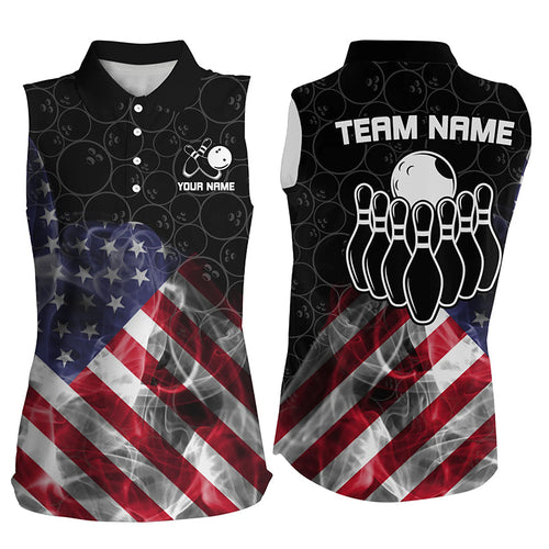 Smoke American Flag Black Camo Custom Bowling Sleeveless Polo Shirts Patriotic Bowling Team Jerseys NQS8422