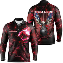 Load image into Gallery viewer, Red lightning thunder bowling American flag Eagle custom Mens Bowling Polo Shirts, Quarter Zip Shirts NQS8861