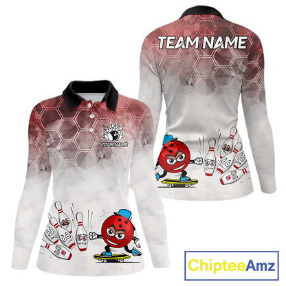 Funny Bowling Polo Shirts For Women, 1/4 zip shirts Custom Bowling Team Jerseys Gift For Bowler | Red NQS11388