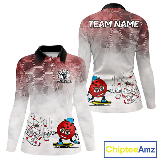 Funny Bowling Polo Shirts For Women, 1/4 zip shirts Custom Bowling Team Jerseys Gift For Bowler | Red NQS11388