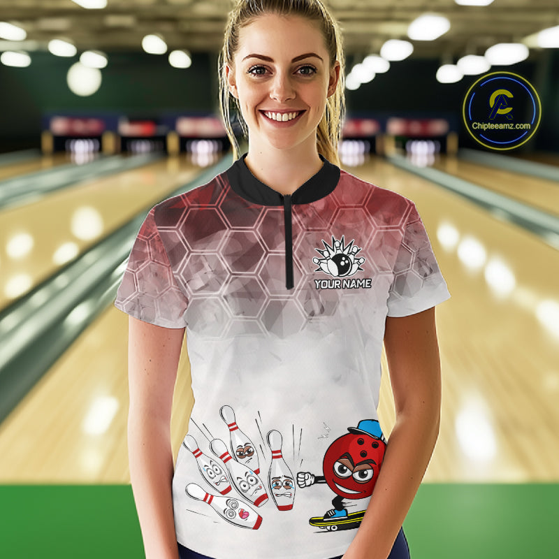 Funny Bowling Polo Shirts For Women, 1/4 zip shirts Custom Bowling Team Jerseys Gift For Bowler | Red NQS11388