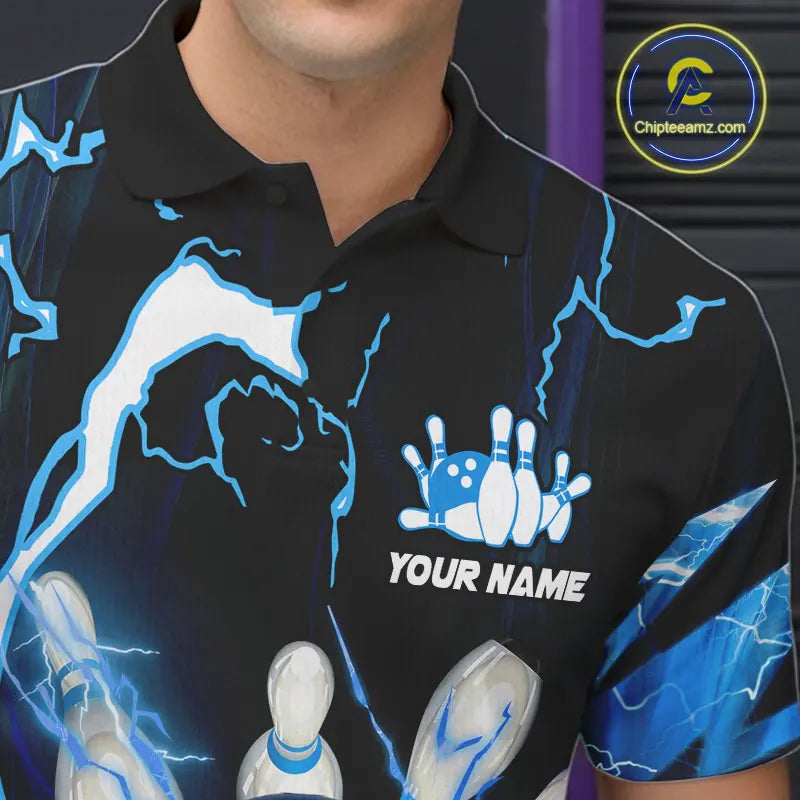 Blue Thunder Lightning bowling ball and pins jerseys Custom Team Bowling Polo, 1/4 Zip Shirts For Men NQS9831