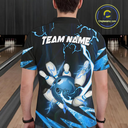 Blue Thunder Lightning bowling ball and pins jerseys Custom Team Bowling Polo, 1/4 Zip Shirts For Men NQS9831