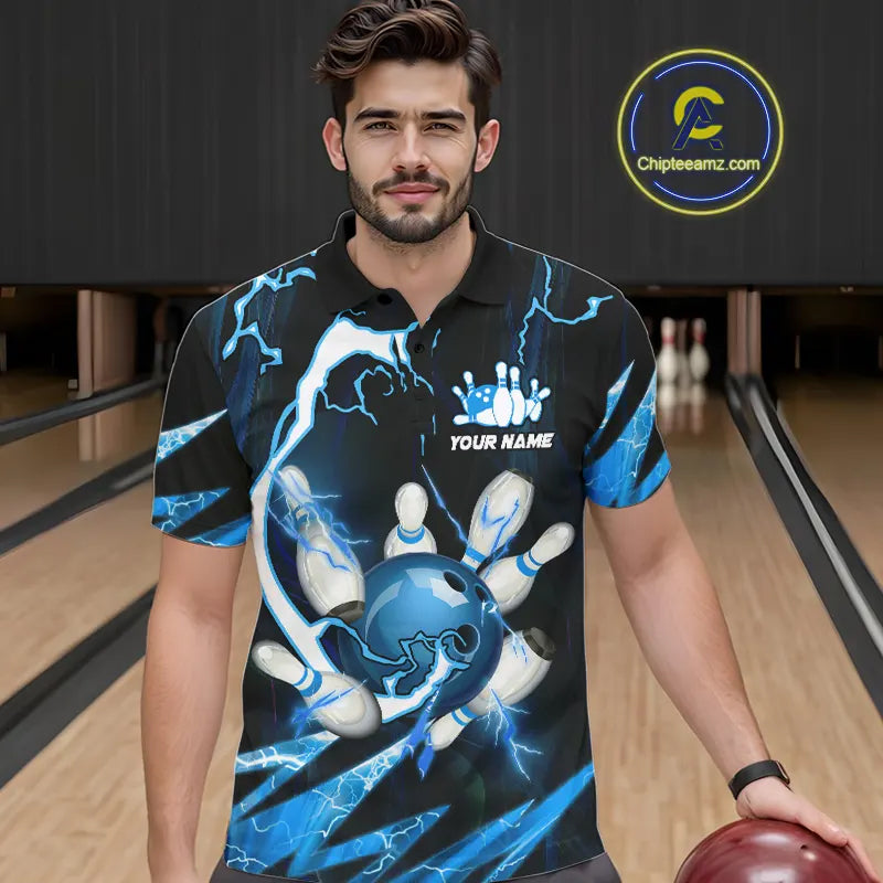 Blue Thunder Lightning bowling ball and pins jerseys Custom Team Bowling Polo, 1/4 Zip Shirts For Men NQS9831