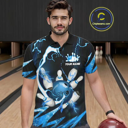Blue Thunder Lightning bowling ball and pins jerseys Custom Team Bowling Polo, 1/4 Zip Shirts For Men NQS9831