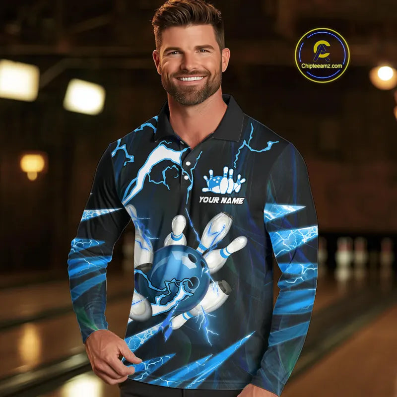 Blue Thunder Lightning bowling ball and pins jerseys Custom Team Bowling Polo, 1/4 Zip Shirts For Men NQS9831