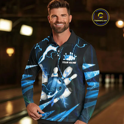 Blue Thunder Lightning bowling ball and pins jerseys Custom Team Bowling Polo, 1/4 Zip Shirts For Men NQS9831