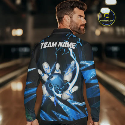 Blue Thunder Lightning bowling ball and pins jerseys Custom Team Bowling Polo, 1/4 Zip Shirts For Men NQS9831