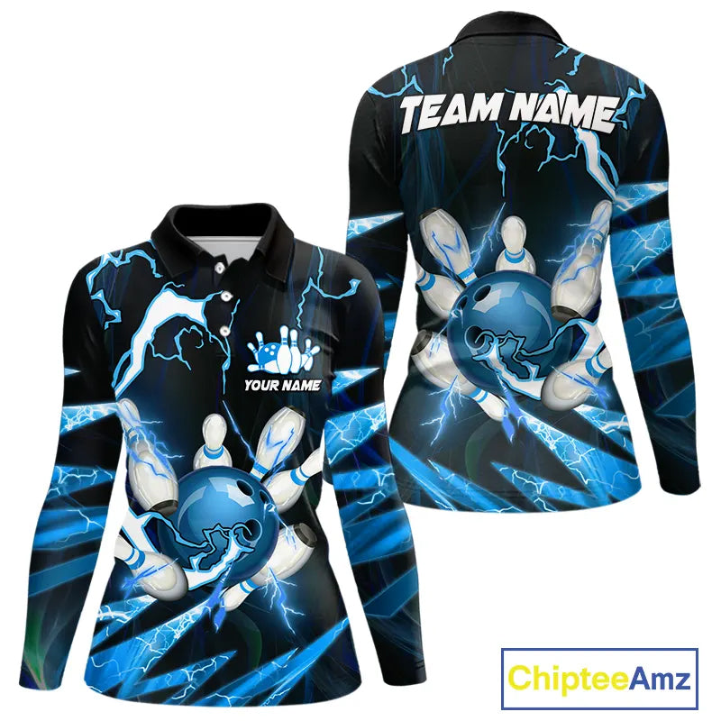 Blue Thunder Lightning bowling ball and pins jersey Custom Team Bowling Polo, 1/4 Zip Shirts For Women NQS9831