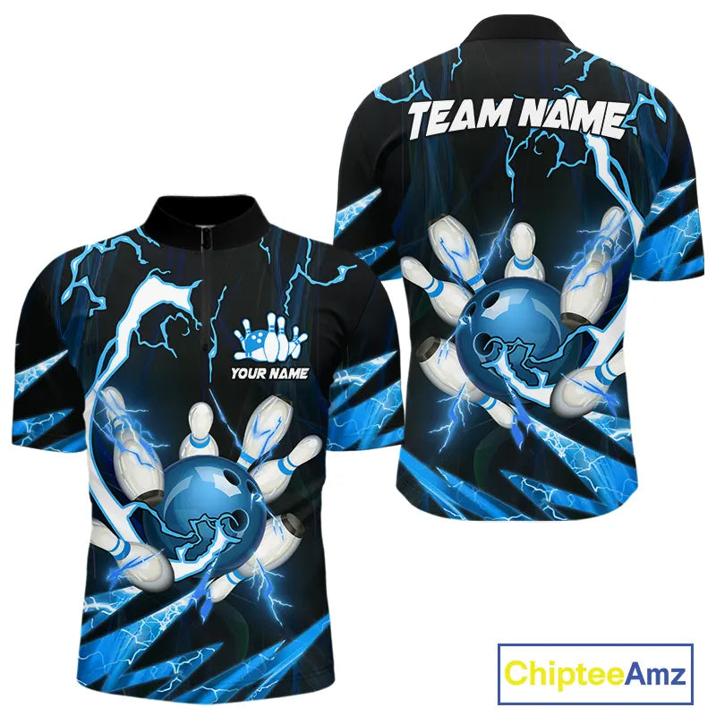 Blue Thunder Lightning bowling ball and pins jerseys Custom Team Bowling Polo, 1/4 Zip Shirts For Men NQS9831