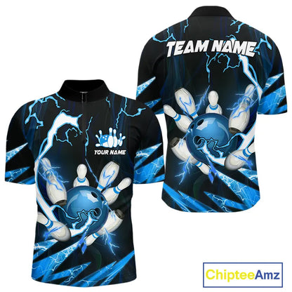 Blue Thunder Lightning bowling ball and pins jerseys Custom Team Bowling Polo, 1/4 Zip Shirts For Men NQS9831