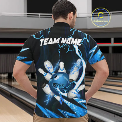 Blue Thunder Lightning bowling ball and pins jerseys Custom Team Bowling Polo, 1/4 Zip Shirts For Men NQS9831