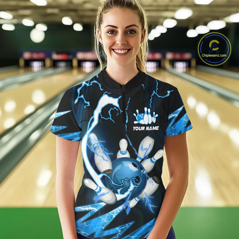 Blue Thunder Lightning bowling ball and pins jersey Custom Team Bowling Polo, 1/4 Zip Shirts For Women NQS9831