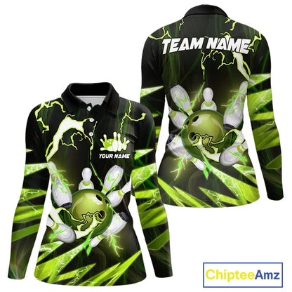 Green Thunder Lightning bowling ball and pins jersey Custom Team Bowling Polo, 1/4 Zip Shirt For Women NQS9832