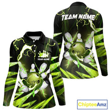 Load image into Gallery viewer, Green Thunder Lightning bowling ball and pins jersey Custom Team Bowling Polo, 1/4 Zip Shirt For Women NQS9832
