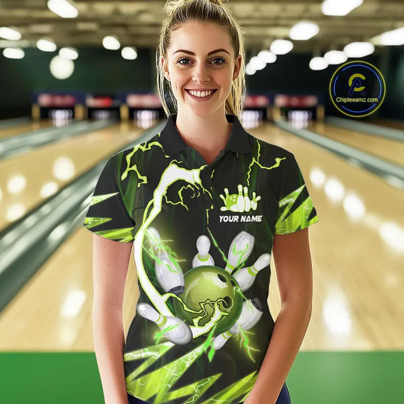 Green Thunder Lightning bowling ball and pins jersey Custom Team Bowling Polo, 1/4 Zip Shirt For Women NQS9832