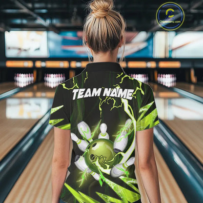 Green Thunder Lightning bowling ball and pins jersey Custom Team Bowling Polo, 1/4 Zip Shirt For Women NQS9832