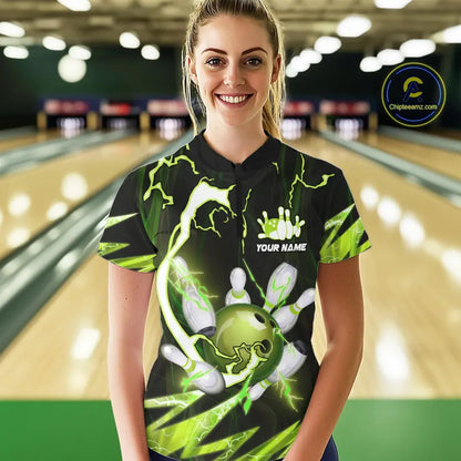 Green Thunder Lightning bowling ball and pins jersey Custom Team Bowling Polo, 1/4 Zip Shirt For Women NQS9832