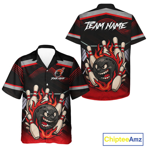 Black and Red Flame Funny Hawaiian bowling jersey custom team button up bowling shirts NQS10985