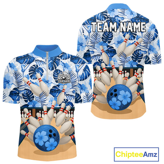 Blue tropical flower Bowling Polo, Quarter Zip Shirts For Men Custom bowling team jersey NQS10988