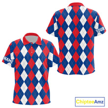 Load image into Gallery viewer, Kid golf polo shirts custom red, white and blue argyle plaid pattern golf attire for kid NQS9847